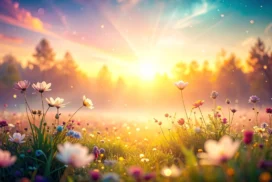 Spring Meadow Background For PowerPoint With Sunburst Wildflowers