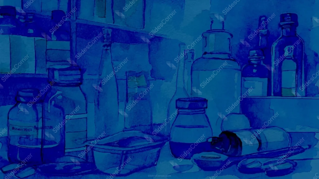 Pharmacy Medicine Blue Background with an Apothecary Shelf