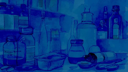 Pharmacy Medicine Blue Background with an Apothecary Shelf