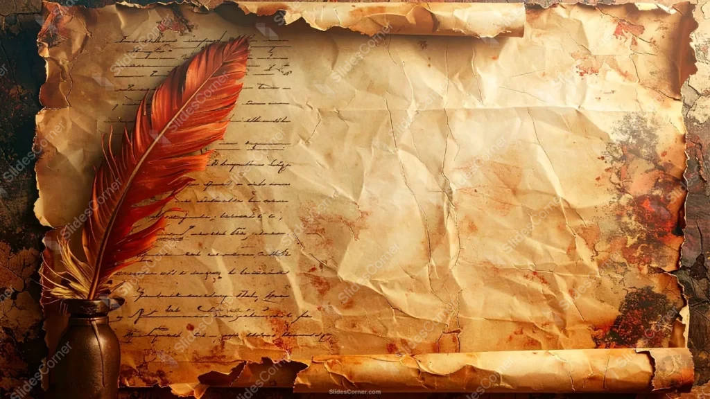 Worn Manuscript Background for Presentation With Quill Pen