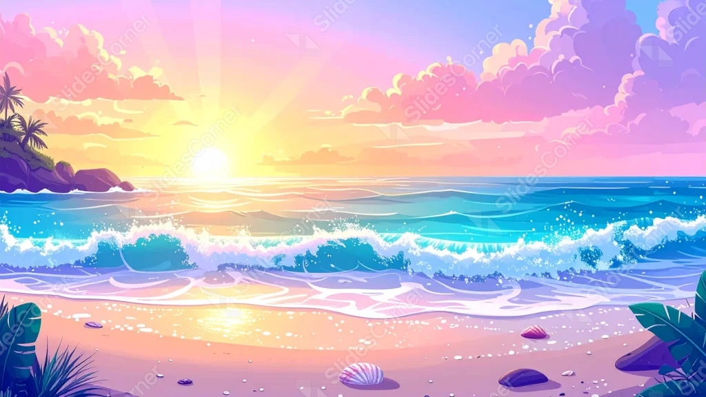 Anime Beach Sunset Background For PowerPoint With Pastel Ocean Waves Anime Beach Sunset Background For PowerPoint With Pastel Ocean Waves