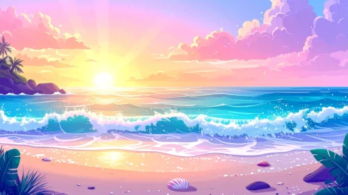 Anime Beach Sunset Background For PowerPoint With Pastel Ocean Waves Anime Beach Sunset Background For PowerPoint With Pastel Ocean Waves