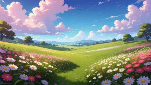 Spring Landscape Background For PowerPoint With An Anime Flower Meadow
