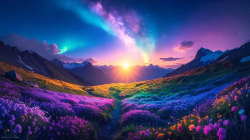 Aurora Landscape Background For PowerPoint With Wildflower Valley Aurora Landscape Background For PowerPoint With Wildflower Valley