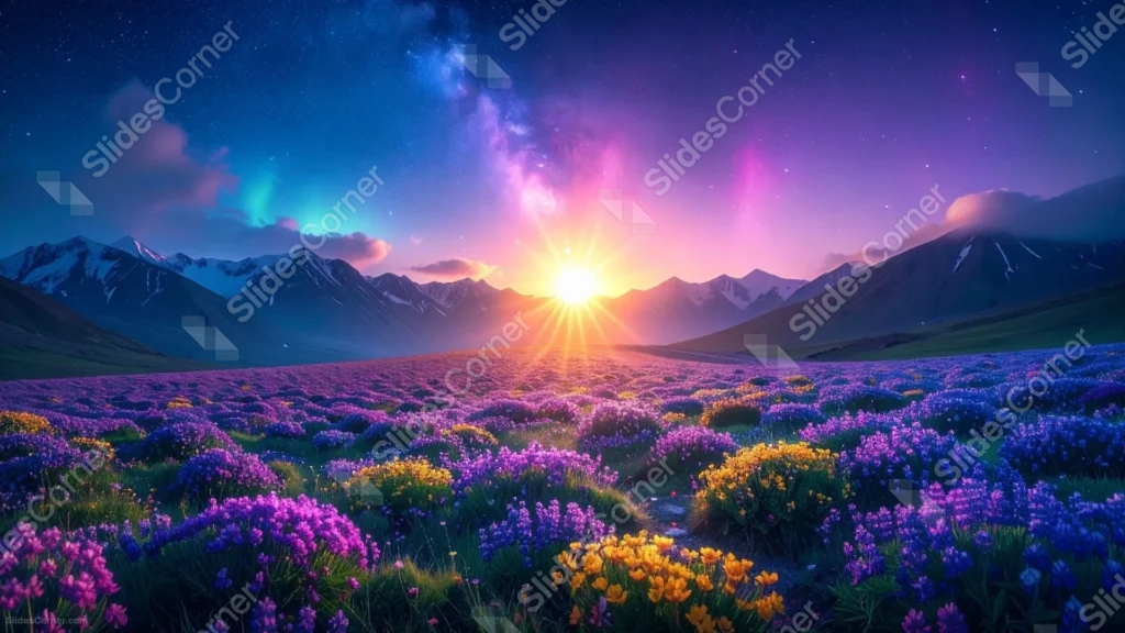 Aurora Flower Field Background For PowerPoint With A Sunburst Between Peaks Aurora Flower Field Background For PowerPoint With A Sunburst Between Peaks