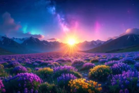 Aurora Flower Field Background For PowerPoint With A Sunburst Between Peaks