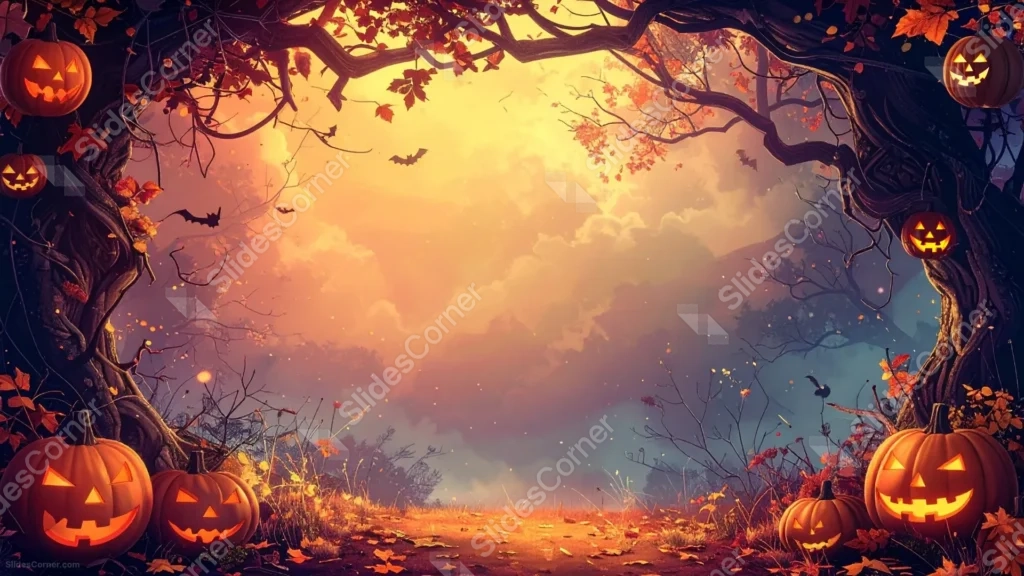 Autumn Halloween Background For Google Slides With A Glowing Sunset Forest