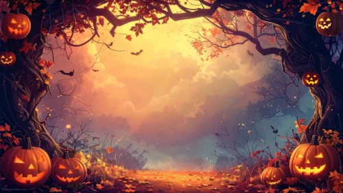 Autumn Halloween Background For Google Slides With A Glowing Sunset Forest