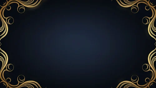 Ornate gold scrollwork curling in from four corners over a black to navy gradient, frame background for PowerPoint