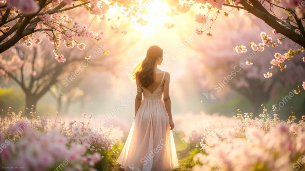 Spring Cherry Blossom Background For PowerPoint With A Woman In A Flowing Dress Spring Cherry Blossom Background For PowerPoint With A Woman In A Flowing Dress