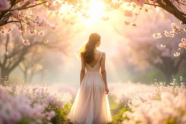 Spring Cherry Blossom Background For PowerPoint With A Woman In A Flowing Dress