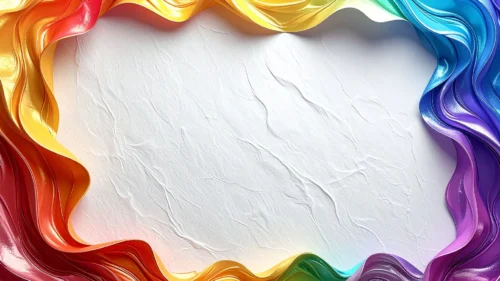 Glossy rainbow satin ribbon framing a plain white textured paper center, colorful frame background for PowerPoint