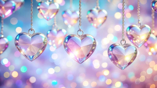 Faceted glass crystal hearts hanging on chains over a soft lavender and gold bokeh background for PowerPoint