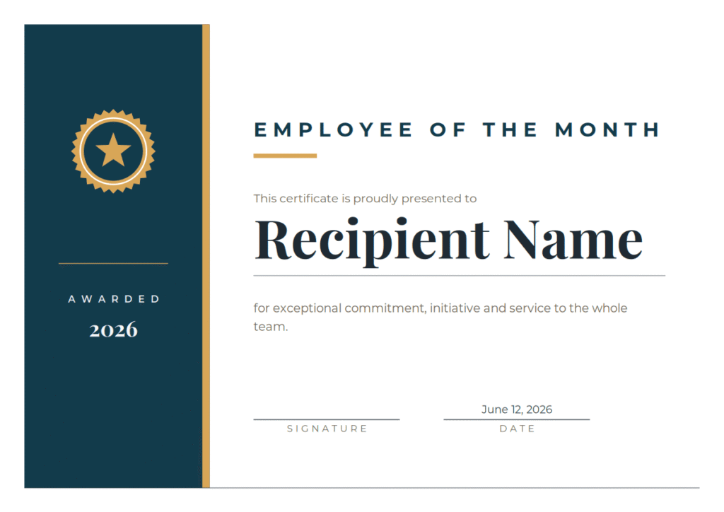 Free Printable Employee of the Month Certificate