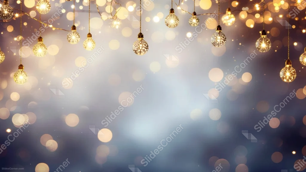 Gold Bokeh Lights Background For PowerPoint With Hanging Fairy Bulbs