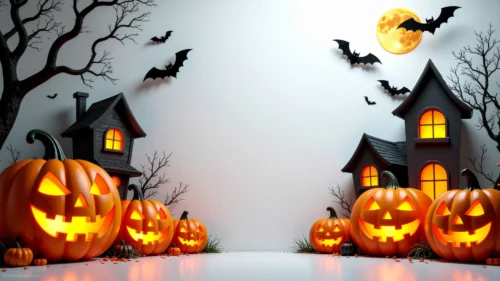 Halloween Background For Google Slides With 3D Haunted Houses And Pumpkins