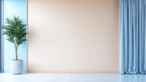 Minimalist Room Background For PowerPoint With A Palm Plant And Blue Curtain