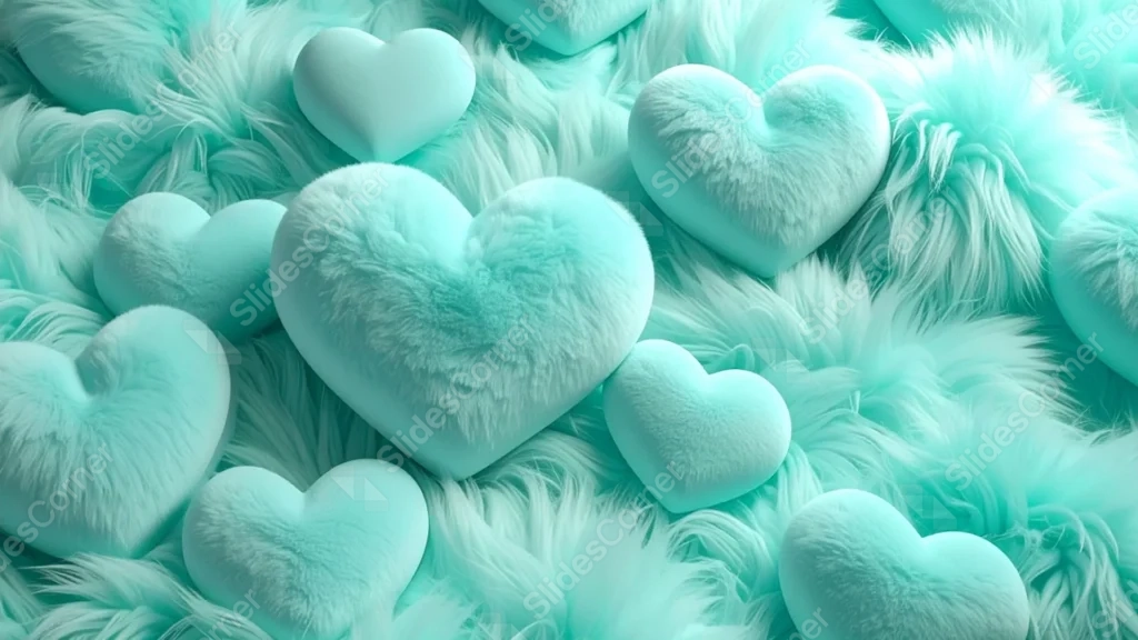 Cute Heart Background For Google Slides With Fluffy Mint Fur Hearts