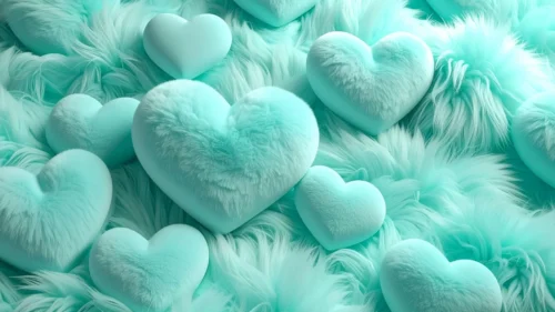 Packed 3D mint green fluffy fur hearts covering the frame, cute heart background for Google Slides