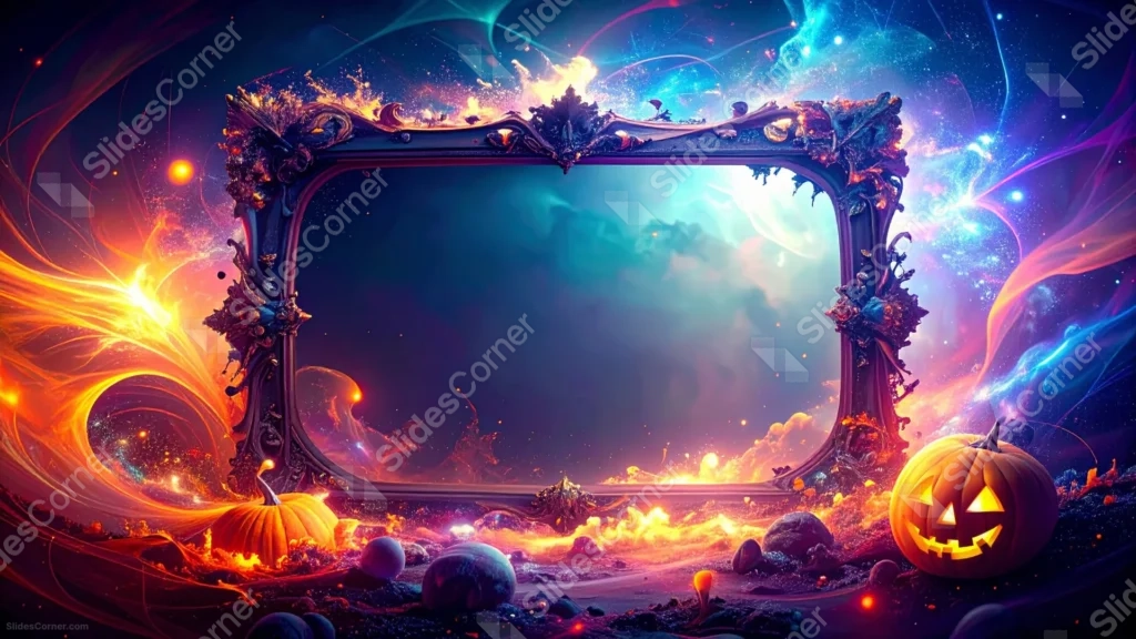 Neon Halloween Frame Background For PowerPoint With A Cosmic Portal