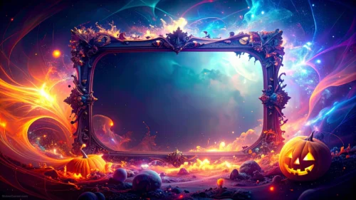 Neon Halloween Frame Background For PowerPoint With A Cosmic Portal