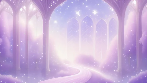 Purple gothic castle arches with a glowing path leading to a starlit sky, fantasy background for Google Slides