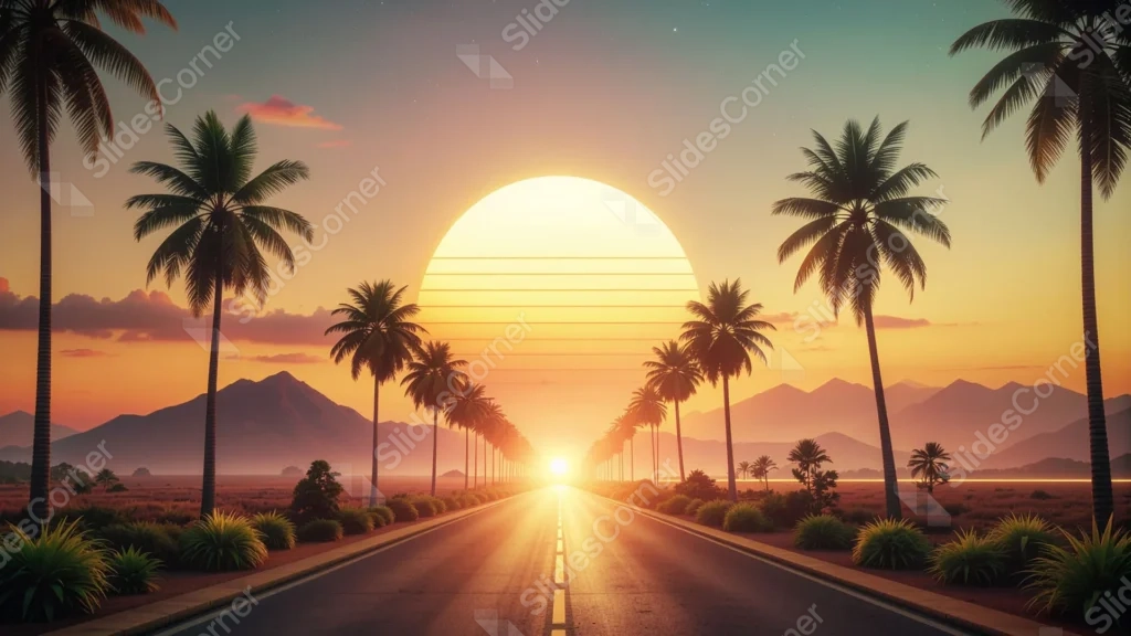 Retro Sunset Palm Background For PowerPoint With A Vaporwave Road