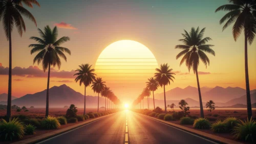 Retro Sunset Palm Background For PowerPoint With A Vaporwave Road Retro Sunset Palm Background For PowerPoint With A Vaporwave Road