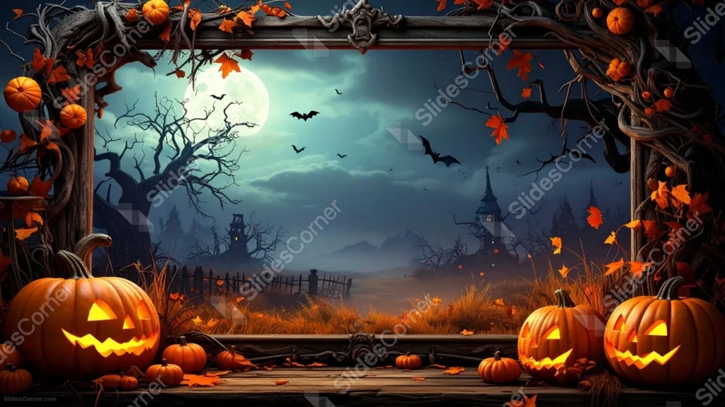 Spooky Halloween Frame Background For PowerPoint With A Haunted Night Scene