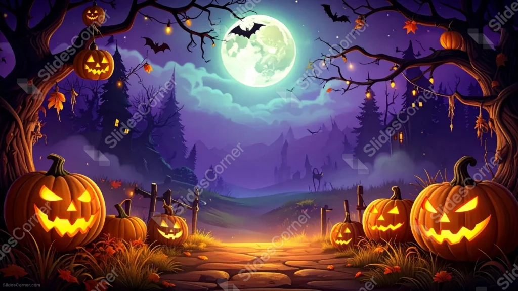Spooky Halloween Background For Google Slides With Glowing Pumpkins And A Full Moon
