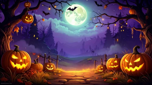 Spooky Halloween Background For Google Slides With Glowing Pumpkins And A Full Moon
