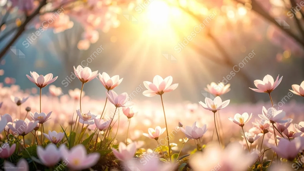 Spring Flowers Background For PowerPoint With Sunbeams Through Blossom Trees