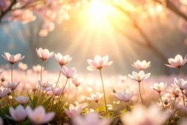 Spring Flowers Background For PowerPoint With Sunbeams Through Blossom Trees