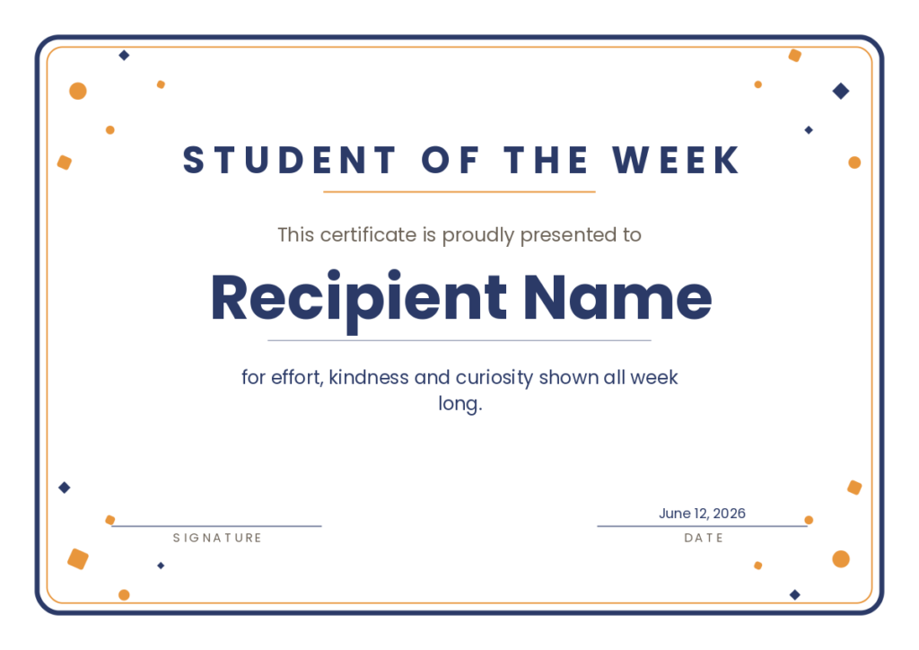 Free Printable Student of the Week Certificate
