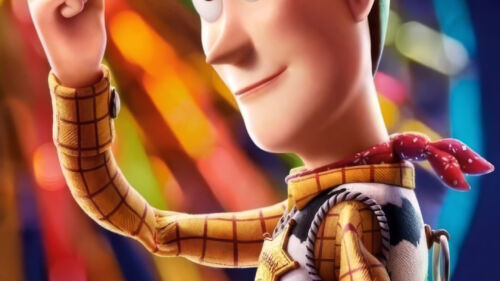 Woody from Toy Story wearing red cowboy hat and checkered outfit against colorful bokeh background, 1080x1920 vertical wallpaper for mobile