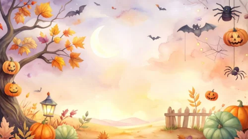 Halloween Background For Google Slides With Watercolor Pumpkins And Bats