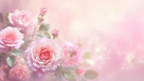 Painterly watercolor pink roses clustered in the corner over a sparkling pink bokeh background for PowerPoint