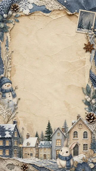 Vintage Winter Village Scrapbook Wallpaper for Phone – Free 1080×1920 Download