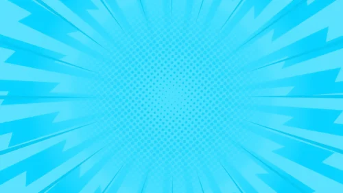Comic-style blue background with jagged sunburst rays and a halftone dot pattern radiating from the center