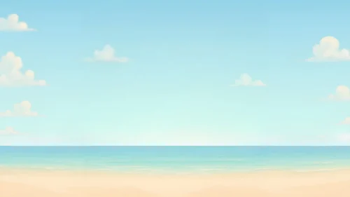 Pale blue sky with fluffy white clouds above a calm turquoise ocean and sandy beach shoreline background