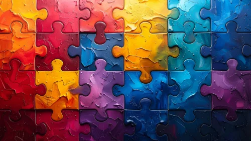 Colorful puzzle background with interlocking pieces painted in glossy orange, red, blue, and purple