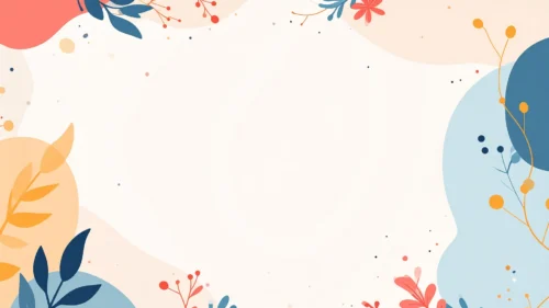 Illustrated boho corner blobs in coral, navy, and mustard with berry branches and leaf sprigs around an open cream center