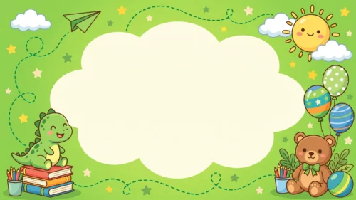 Cloud-shaped frame with a cute dinosaur, teddy bear, and balloons on green for PowerPoint