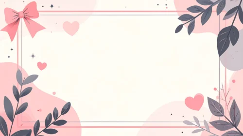 Cute pink rectangle frame background with a bow, hearts, and dark leaf corners for PowerPoint