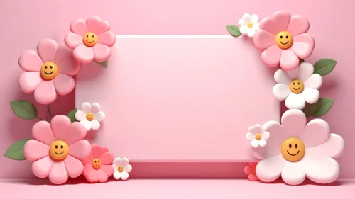 Glossy 3D pink and white smiley-face daisy flowers framing a pink podium card with an open center
