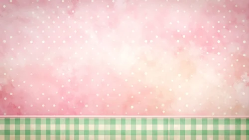 Cute pastel background with a pink polka-dot sky above a green gingham checkered strip for PowerPoint
