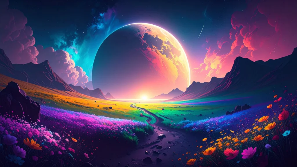 Fantasy Landscape Background For PowerPoint With A Glowing Planet