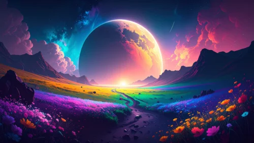 Fantasy Landscape Background For PowerPoint With A Glowing Planet Fantasy Landscape Background For PowerPoint With A Glowing Planet