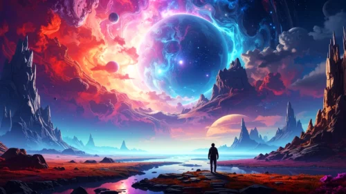 Fantasy Landscape Background For PowerPoint With A Lone Wanderer Fantasy Landscape Background For PowerPoint With A Lone Wanderer