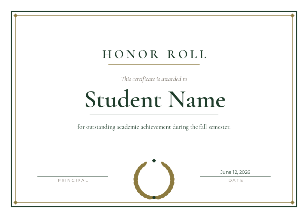 Preview of the Free Printable Honor Roll Certificate Template